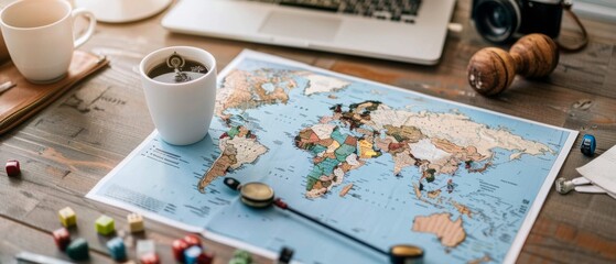 A cozy travel planning scene with a world map, compass, and coffee, inspiring wanderlust and...