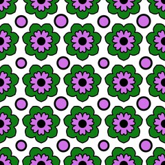 seamless pattern with  small pink flower in green flowers and pink dot on white background