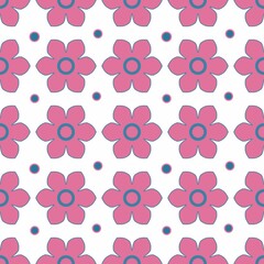 seamless pattern with pink flowers  and small blue dot on white background