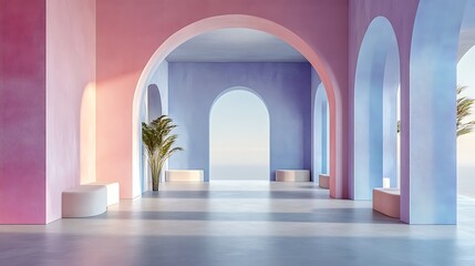 Fototapeta premium Spacious hall with abstract design in light pink purple and blue 3d rendering