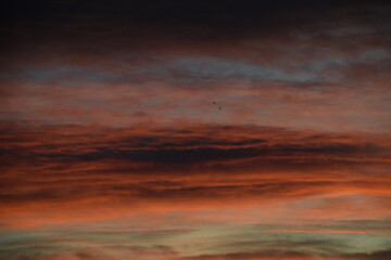 Fototapeta premium Tramonto mozzafiato, colori vivaci nel cielo, uccelli in volo creano un'atmosfera magica.English: Breathtaking sunset, vibrant colors in the sky, birds in flight create a magical atmosphere.