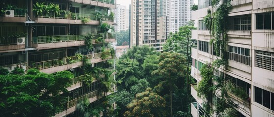 Obraz premium Lush foliage envelops apartment buildings, creating a harmonious blend of nature and urban living.