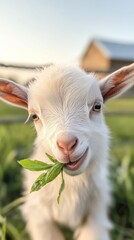 Obraz premium A close-up of a baby goat nibbling on a blade of grass, with a barn and fence in the background