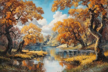 Oak Grove Landscape: Stunning Autumn Forest by River in Gold and Red