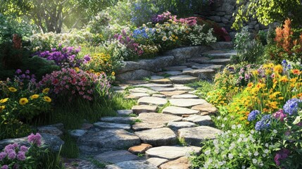 Stone Path Through a Flower Garden