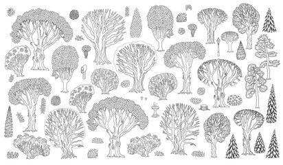 Fototapeta premium Vector set of hand drawn trees, flowering bushes, evergreen plants. Black and white doodle sketch for coloring book