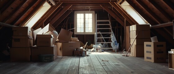 An attic filled with boxes and forgotten items under slanted beams invites curiosity about the stories and treasures hidden away in time's embrace.