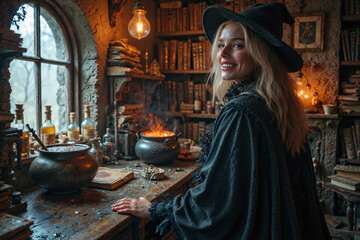 A young witch by a window at table, mixing potions, powders and other ingredients, learning to create spells at a school for girls gifted with witchcraft. Fun, fantasy, fairytale, Halloween concept.