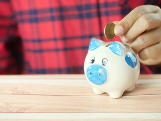 Hand putting coins into piggy bank for saving money, business and finance concept.