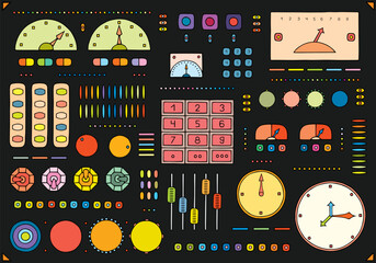 Device control panel with many buttons, indicators, switches, screen. Freehand drawing. Doodle. Hand Drawn. Outline.