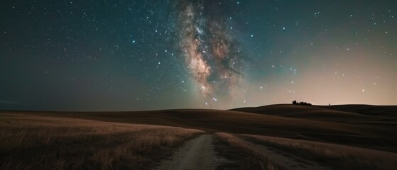 Fototapeta premium A stunning Milky Way spans the night sky, casting its brilliance over a serene landscape of rolling hills and quiet paths.