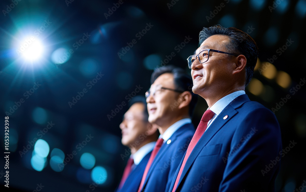 Aufkleber three individuals in suits stand confidently under bright lighting, conveying a sense of professiona