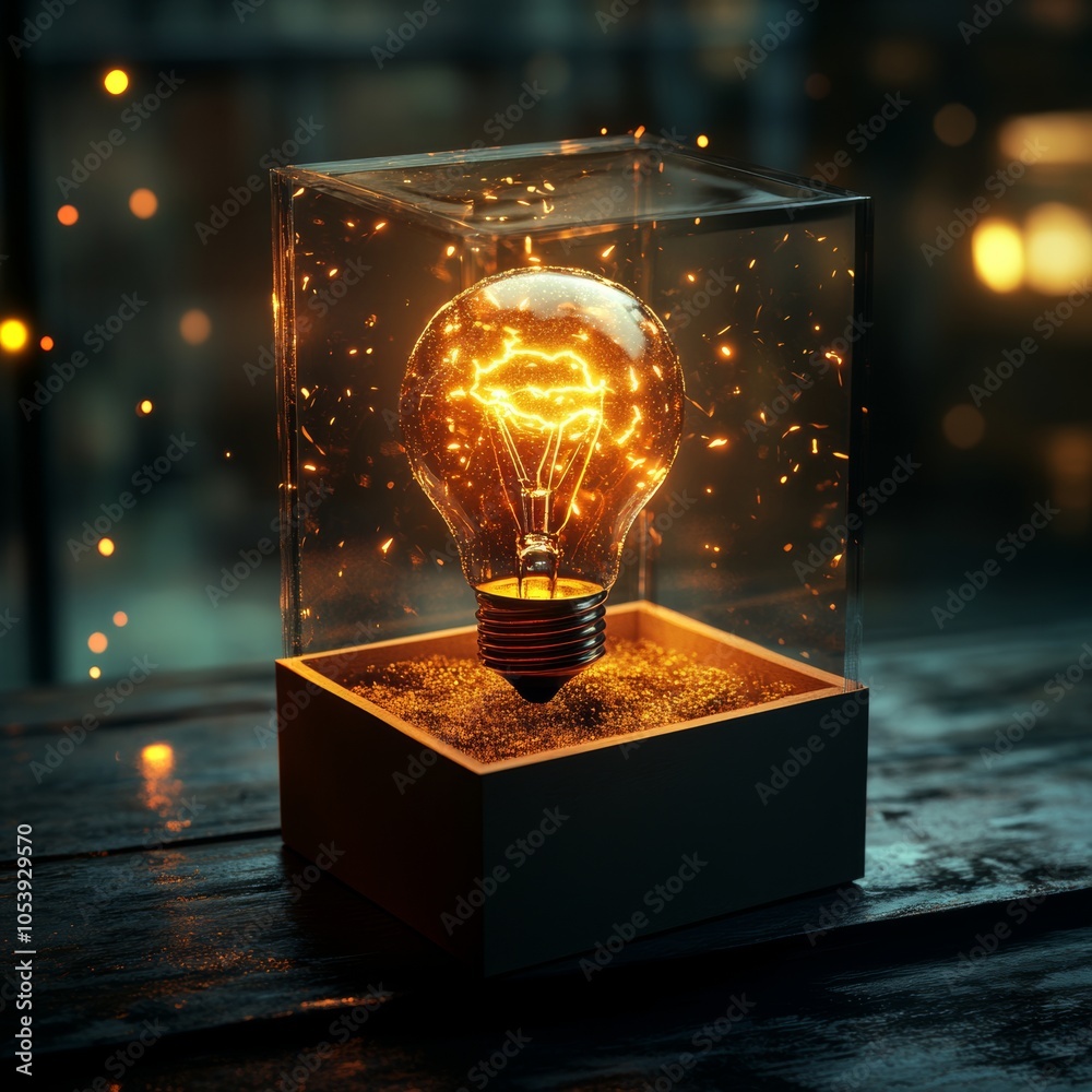 Wall mural illuminated vintage bulb in glass box with glowing particles on dark background.