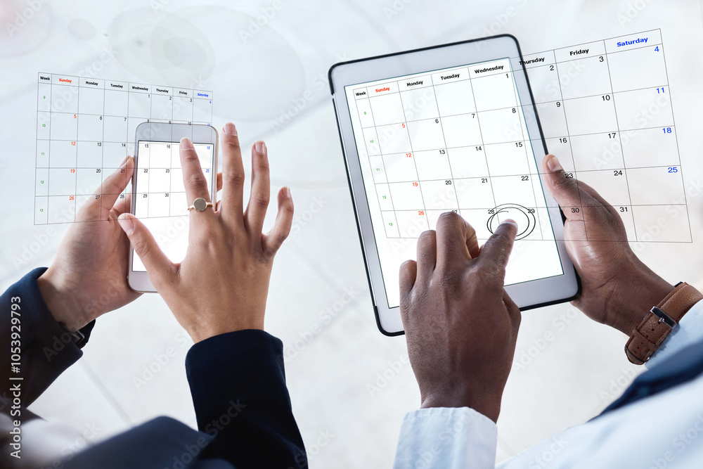 Poster hands, online and tech for schedule, calendar and people with app for reminder, planning and busines