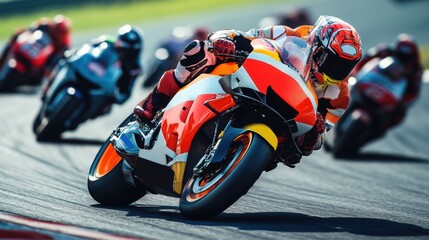 Motorcyclist in bright racing gear, leaning intensely into curve on racetrack, with other racers in...