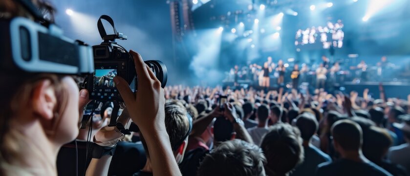 A live concert pulsates with energy as a photographer captures the vibrant scene, surrounded by cheering crowds under dazzling lights.