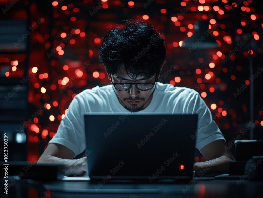 Poster A focused individual working intently on a laptop amidst a backdrop of glowing red lights, creating a dynamic and immersive environment.