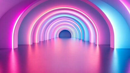 3d render of spacious hall with light pink purple and blue abstract design