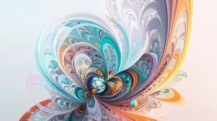 Colorful Fractal Swirl with Pastel Gradients and Intricate Geometric Patterns Featuring Floating Spheres