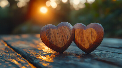 Fototapeta premium Two Wooden Hearts On Rustic Table with sunlight. 