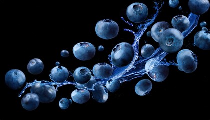Blueberry clusters floating in motion, appearing tossed mid-air against a black alpha background.