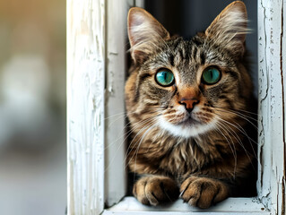 beautiful cat with striking green eyes peeks through window, showcasing its curious expression and detailed fur. This captivating scene captures essence of feline charm and wonder