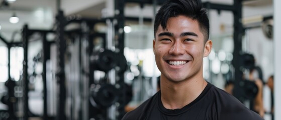 A cheerful person in a gym setting smiles confidently, exuding a sense of accomplishment and vitality, surrounded by fitness equipment.