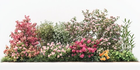 Naklejka premium A realistic garden landscape of a shrub combination featuring azaleas, glossy privet, ligustrum japonicum Texanum heavenly bamboo, and rose bushes