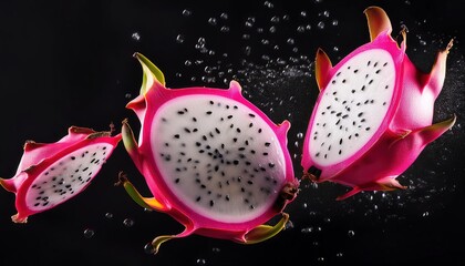 Dragon fruit red variant slices shown mid-air, appearing tossed with vibrant pink skin against a black alpha background.