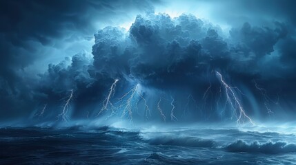 Fototapeta premium A panoramic view of a turbulent ocean under a dark, stormy sky with lightning bolts striking the water. The sea waves appear powerful and threatening, indicating a severe storm at sea.