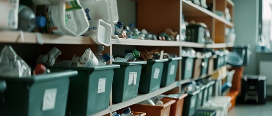 Neatly arranged green bins on shelves, filled with various packaged items, indicate a streamlined and efficient storage system.