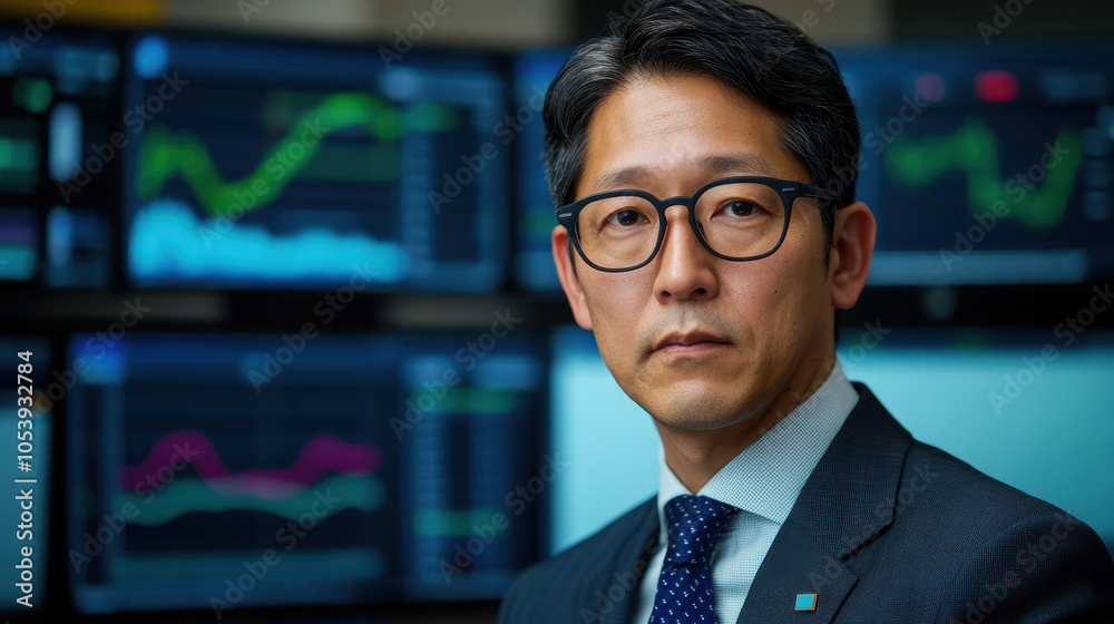 Poster A focused businessman in glasses poses confidently in front of multiple digital stock market charts, suggesting a dynamic finance environment.