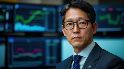 A focused businessman in glasses poses confidently in front of multiple digital stock market charts, suggesting a dynamic finance environment.