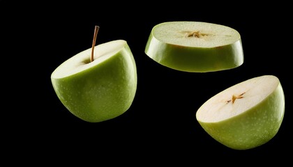 Green apple slices in motion, appearing tossed into the air with crisp, fresh pieces against a black alpha background.