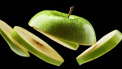 Green apple slices in motion, appearing tossed into the air with crisp, fresh pieces against a black alpha background.