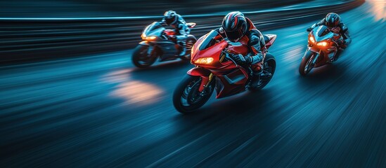 Obraz premium Three motorcyclists speed around track at night, with strong motion blur that captures high speed and extreme of racing.