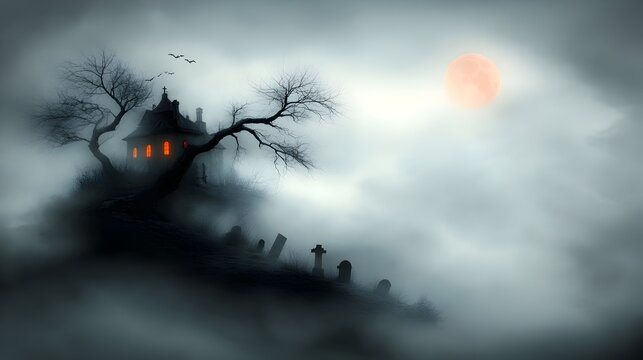 A haunted house set against a moonlit gothic landscape filled with twisted gnarled trees and an ominous cemetery creating an impressionist