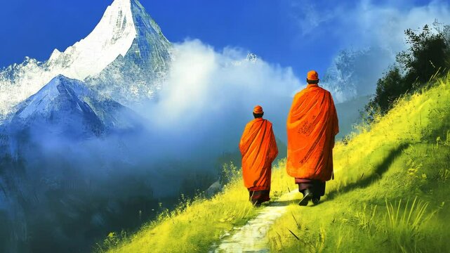 Two monks walk along a path through lush, green hills towards a snow-capped mountain