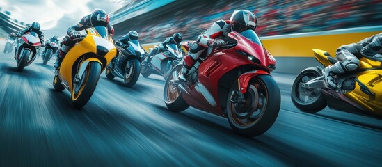 Obraz premium Dynamic image of multiple motorcyclists competing on track with blurred crowd in background, capturing thrill of race day.
