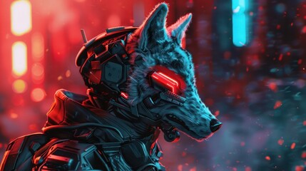 Obraz premium 3D illustration of exoskeleton robot armor with cyberpunk style wolf-shaped helmet