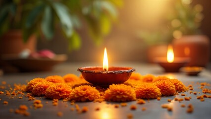 Indian background with marigold flowers and a diya lamp. Traditions of celebrating the Vishu Festival. A template with a copy space for Ugadi, Diwali and Day of the Dead holidays.