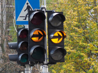 Traffic light with yellow turn signal against autumn landscape