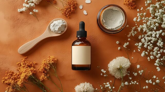 Flat lay mockup of organic skincare products, including a serum bottle, a clay mask jar, and wooden tools, on a warm terracotta background