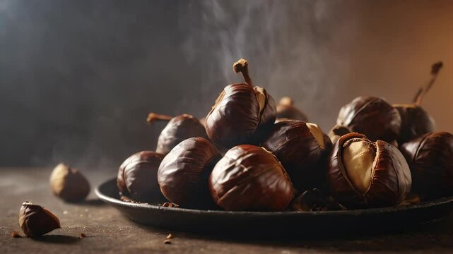Roasted chestnuts on black background. Generative AI