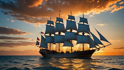 Fototapeta premium Tall ship sailing at sunset with golden sky and ocean waves.