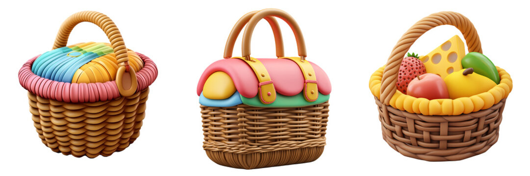 a romantic picnic basket 3D icon date theme pastel colors isolated on white and transparent background
