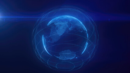 Obraz premium A digital representation of blue Earth with glowing lines encircling the planet, highlighting global connectivity and technology