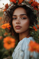 Naklejka premium Middle Eastern woman with curly dark brown hair wears light blue dress, surrounded by bright orange flowers. Soft expression reflects peaceful energy, floral headpiece enhances gentle beauty concept.
