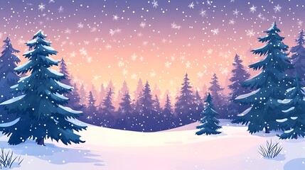 Obraz premium A serene winter landscape with snow-covered trees and a colorful sunset.