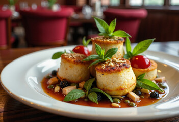 Deliciously plated culinary masterpiece featuring savory cakes with fresh herbs and cherry tomatoes